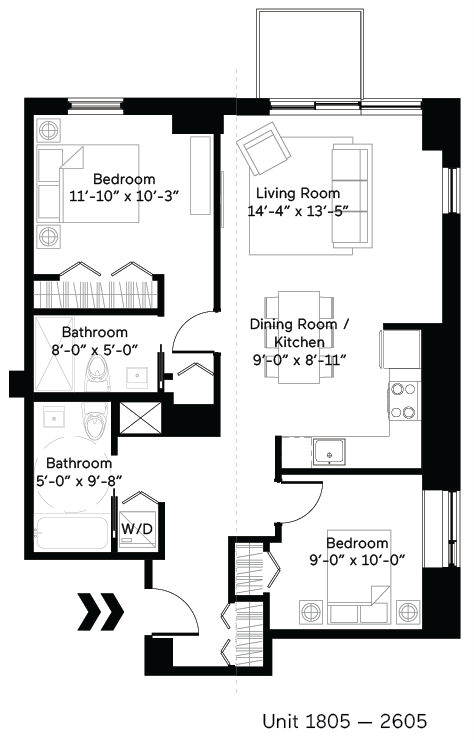 Floor plan for 2 beds, 2 baths, 955 sqft